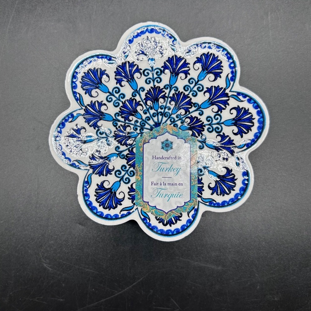 Set Of 4 Turkish Ceramic Coasters Design Made In Turkey Blue White Flower New - Picture 3 of 6